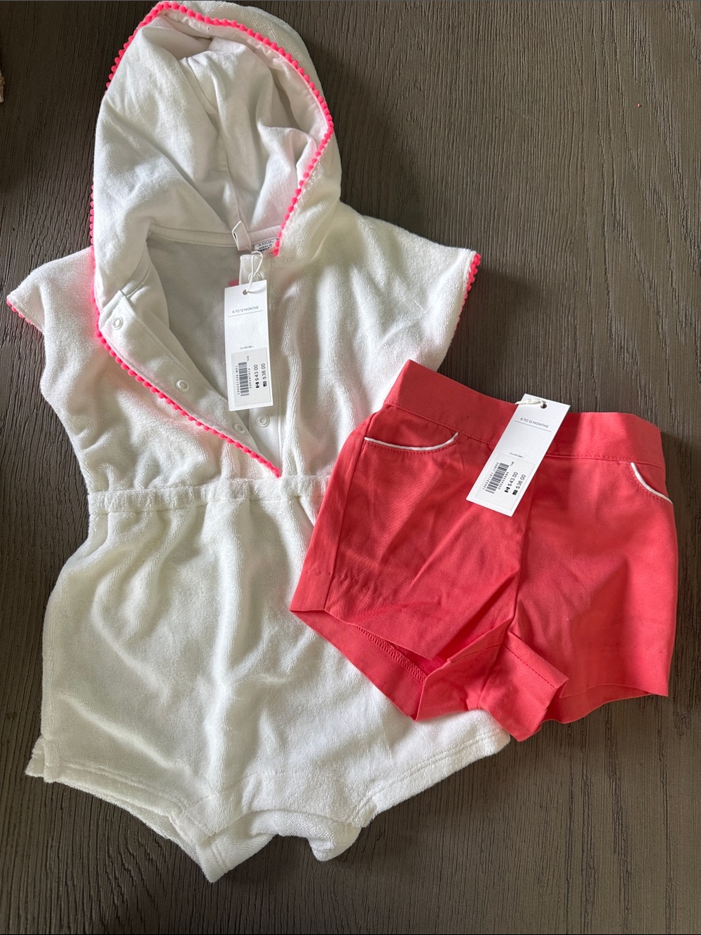 Nwt White Hooded Terry Romper with Coral Pink Trim & Coral Shorts